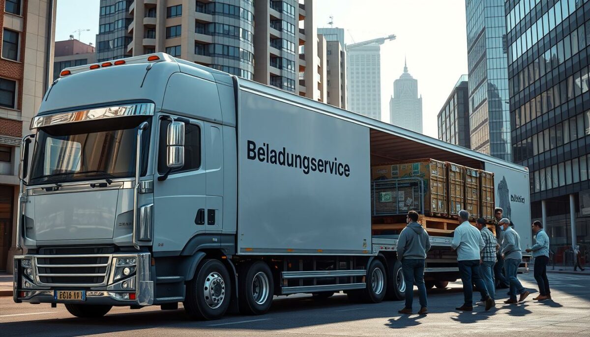 A professional transport truck, emblazoned with the &quot;Beiladungsservice Berlin Prozess&quot; logo, is parked in a bustling urban setting. The vehicle's gleaming chrome fittings and pristine white exterior reflect the natural light filtering through the city's skyline. In the foreground, a team of skilled logistics specialists meticulously load cargo onto the trailer, showcasing the precision and efficiency of the service. The surrounding buildings and infrastructure provide a realistic, grounded context, while subtle imperfections in the scene lend an authentic, documentary-style aesthetic. The overall composition conveys the reliable, well-organized nature of the Beiladungsservice Berlin Prozess, ready to facilitate seamless transport from the capital to the Baltic coast.