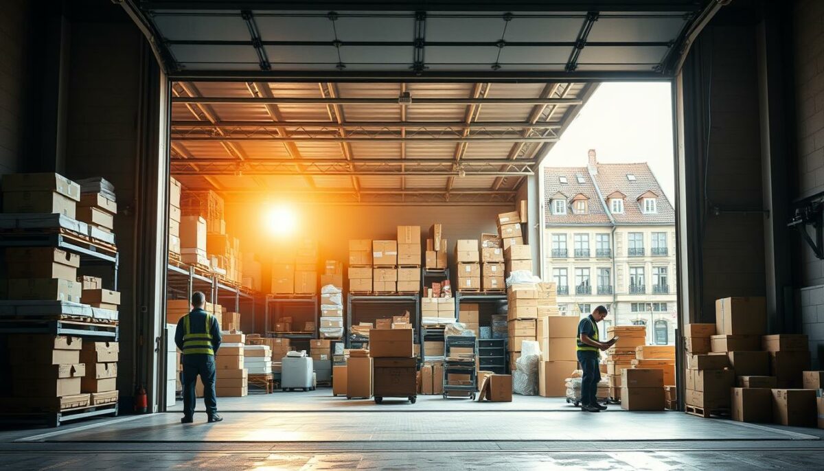 A spacious, well-organized Möbeltransport (furniture transport) depot in Lübeck, Germany. The front of the depot is visible, with a large garage door open, revealing the interior space filled with carefully stacked furniture pieces, moving boxes, and packing supplies. Bright, natural sunlight streams in through the doorway, casting warm, diffused illumination across the scene. In the foreground, a team of movers, dressed in uniform, are meticulously preparing items for transport, showcasing the precision and care taken in this stage of the moving process. The background features the distinctive Lübeck architecture, hinting at the city's historic charm. The overall atmosphere conveys a sense of efficiency, professionalism, and attention to detail, reflecting the high standards of the Beiladung (loading) service.